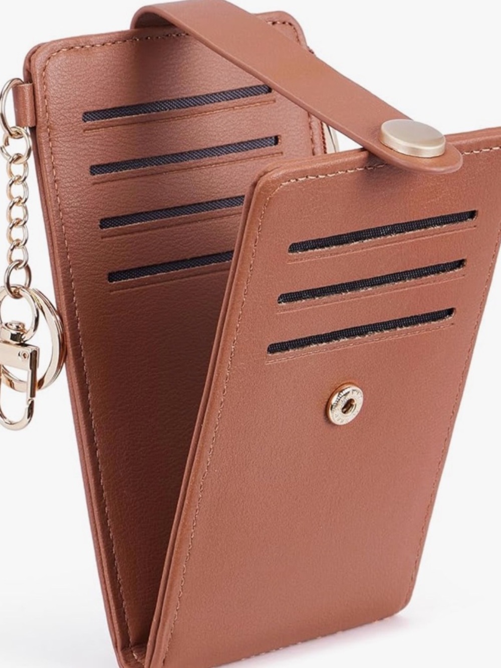 Compact Tan Leather Card Wallet with Key Ring